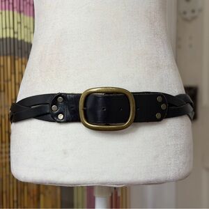 90s Y2K Black Leather Belt with Antiqued Brass Buckle